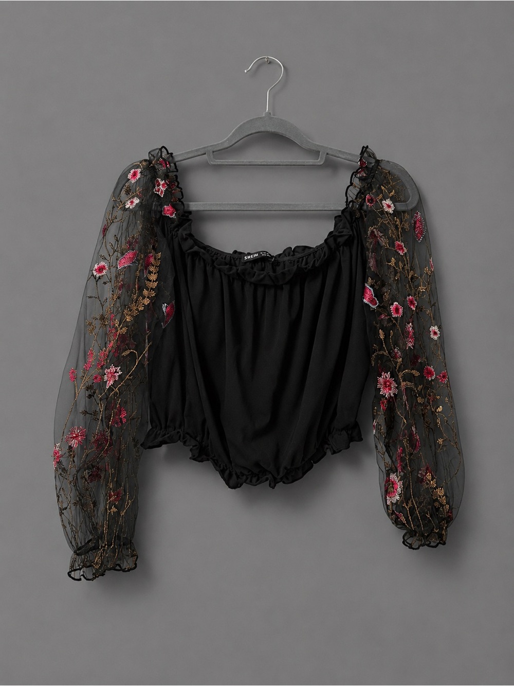 SHEIN Black Off-Shoulder Floral Embroidered Mesh Sleeve Crop Top Size Small